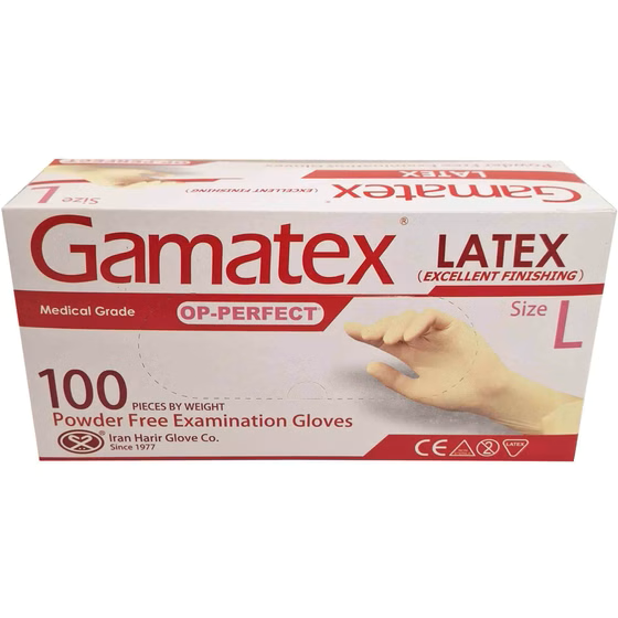 دستکش لاتکس گاماتکس بدون پودر ۱۰۰ عددی